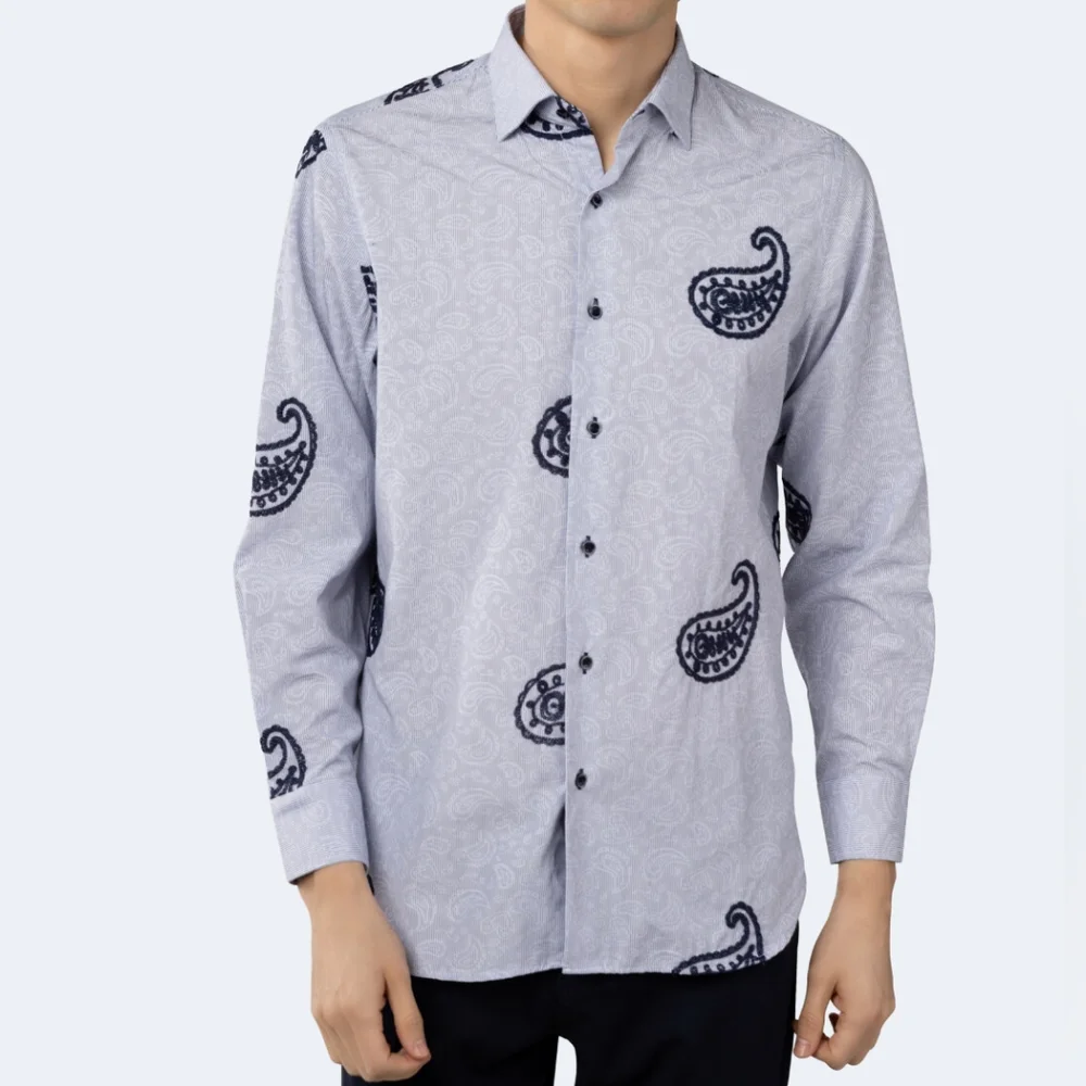 Visconti Men's Blue Stretch Stripe Paisley Long Sleeve Woven Shirt Size L - Picture 3 of 6